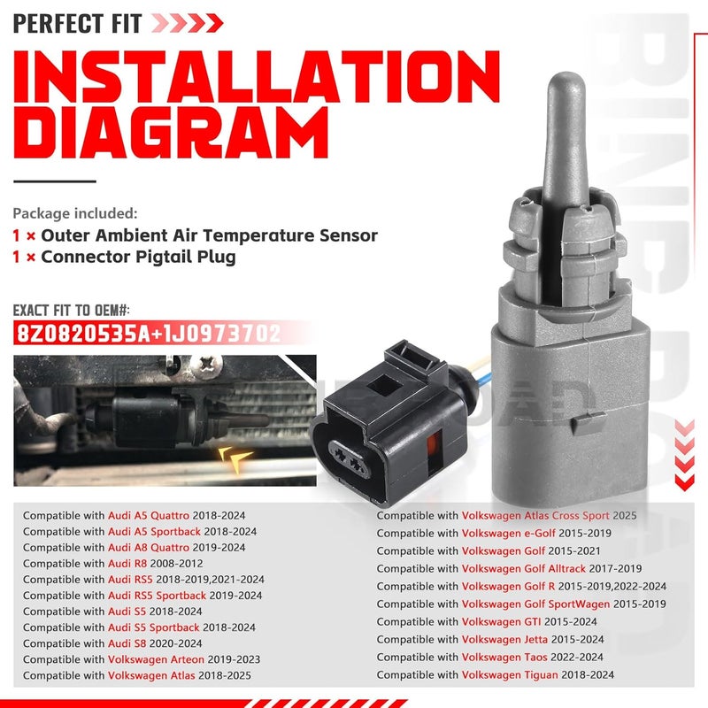 BINB ROAD Outside Ambient Air Temperature Sensor with Plug 8Z0820535A + 1J0973702 Compatible with Audi A5 A8 R8 RS5 | VW Atlas Golf Jetta Tiguan - Image 2
